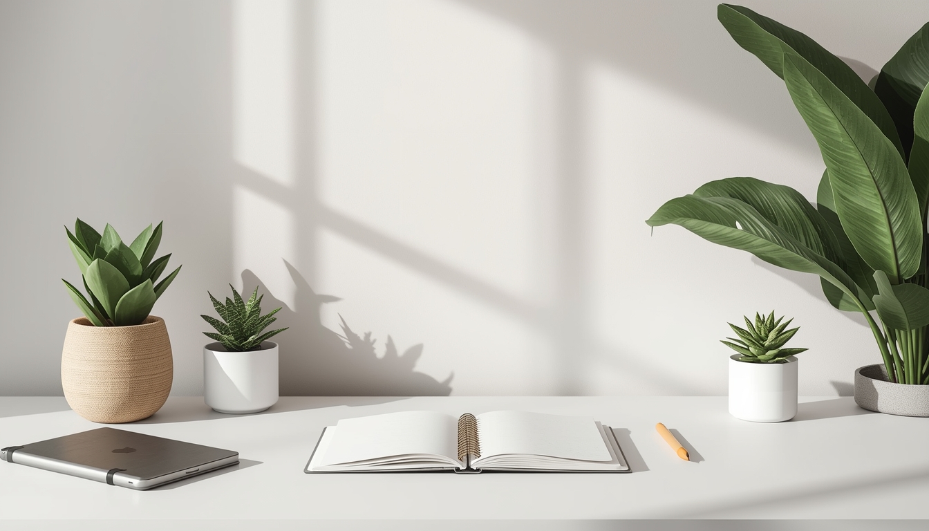 Calm workspace with plants, notebook, and soft natural lighting representing a balanced and organized lifestyle
