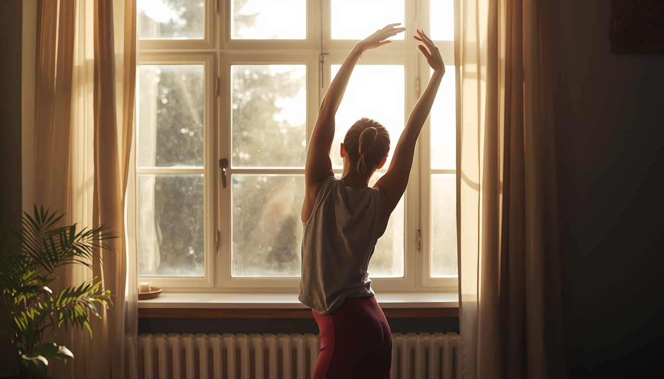 Person stretching in morning light by a window as part of a structured and calming daily morning routine